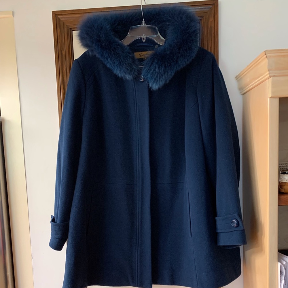 Sachi blue hooded coat with dyed blue genuine fox trim around the hood
